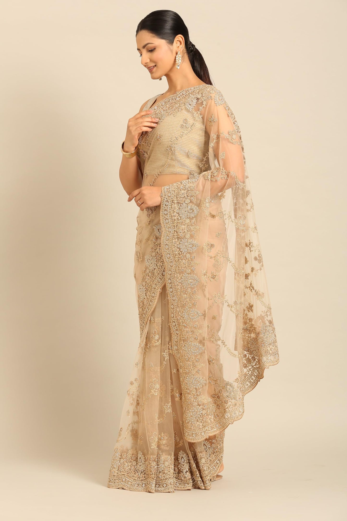 MOHEY Women's Beige Net Embroidered|Stone Work| Saree