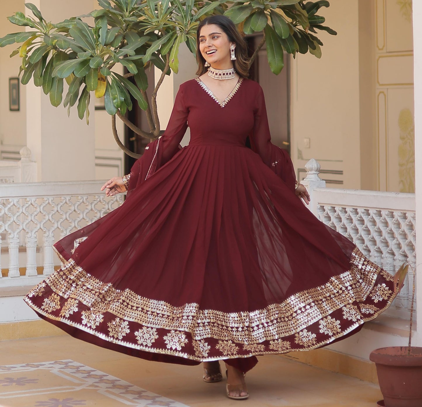 Fashion Basket Havy Georgette Embroidered Anarkali Dress for Women Maroon