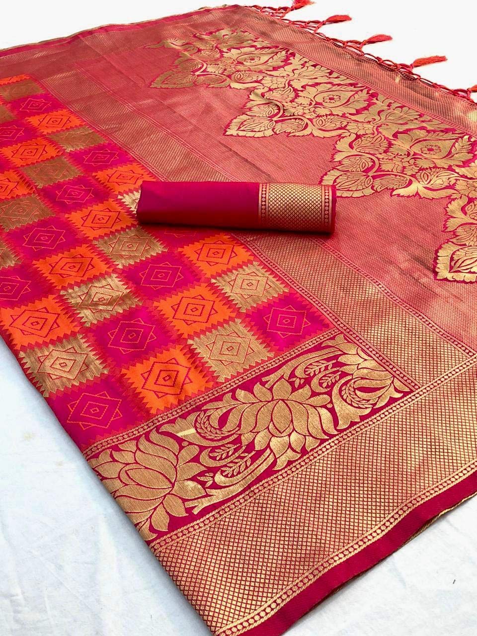 SGF11 Women's Kanjivaram Soft Silk Saree With Blouse Piece (Orange, Pink, Golden)