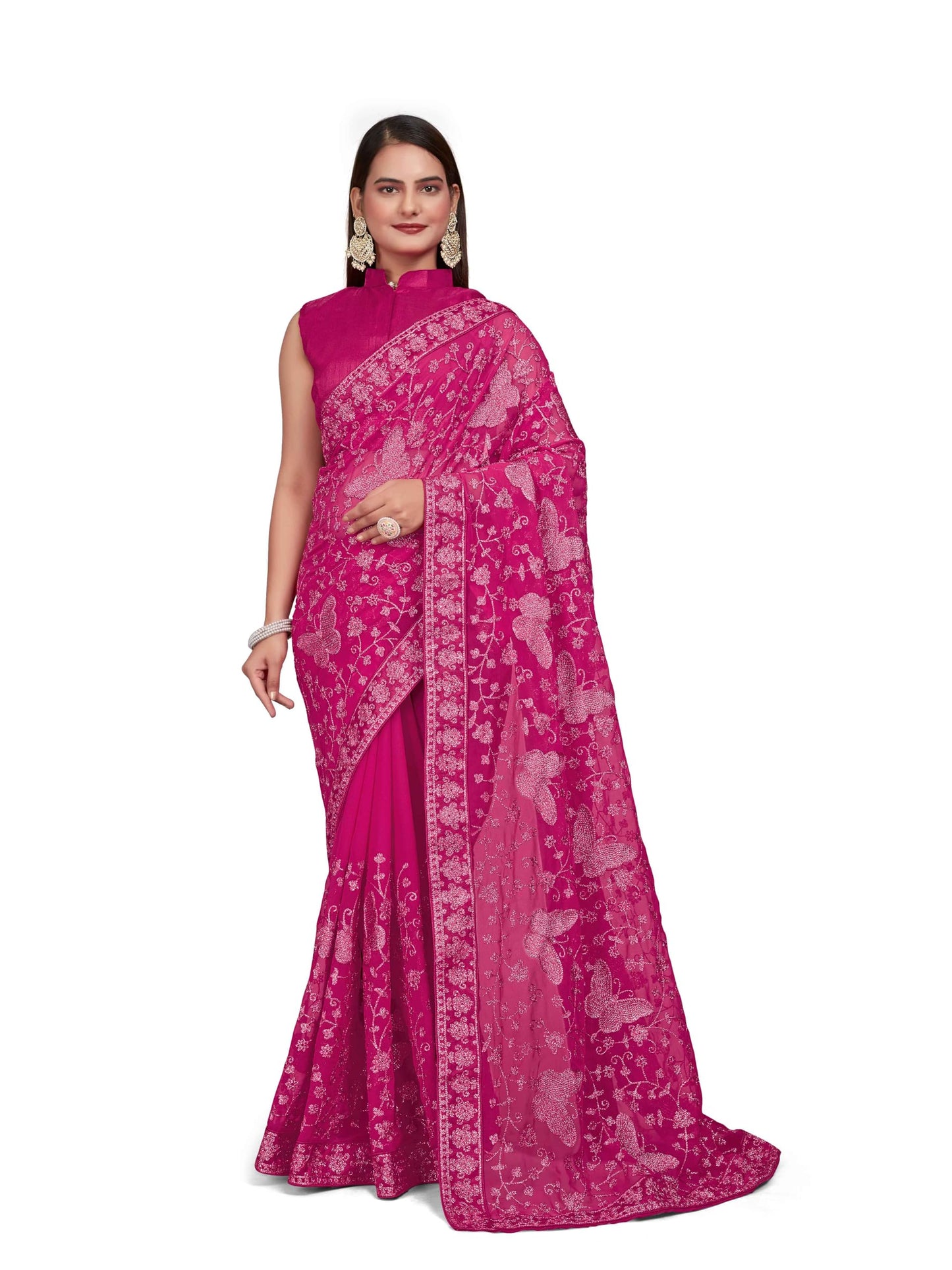 MANOHARI Women Georgette Most Trendy Embroidery Pink Saree With Blouse Piece