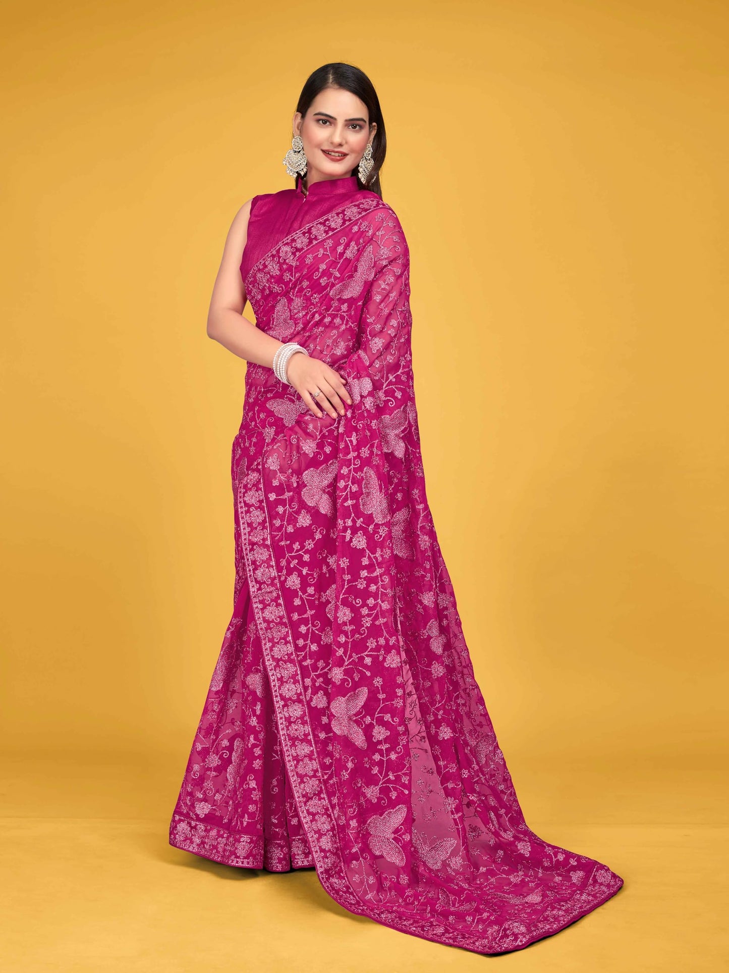 MANOHARI Women Georgette Most Trendy Embroidery Pink Saree With Blouse Piece