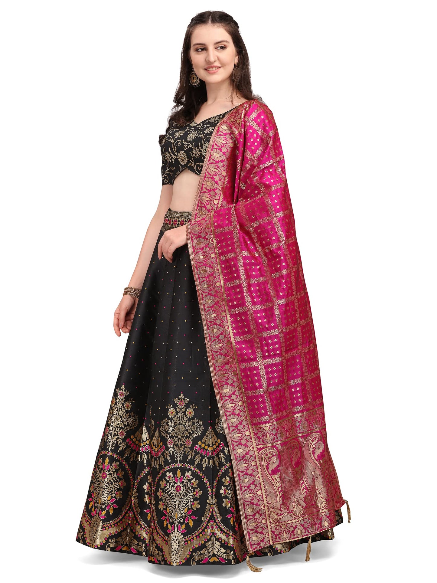 PURVAJA Women's Jacquard Semi-Stitched Lehenga choli (Arambh-Black_Black_Free Size)
