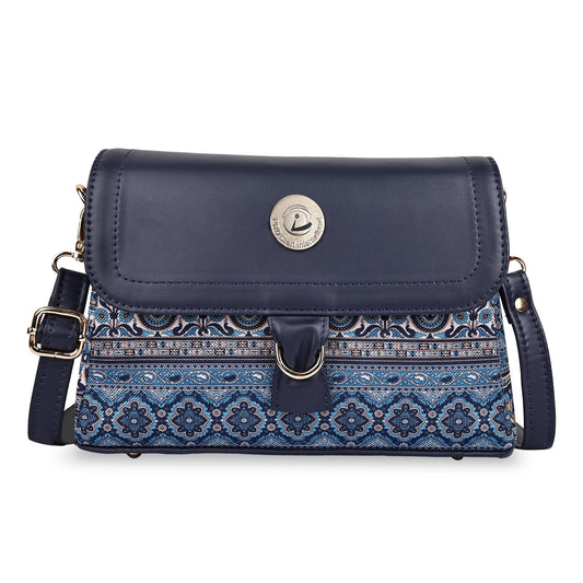 PRD Craft Boho Printed Sling Bag for Women | Jute Crossbody Shoulder Purse with Flap Lock, Zip Closure & Adjustable Strap (Blue, Small)