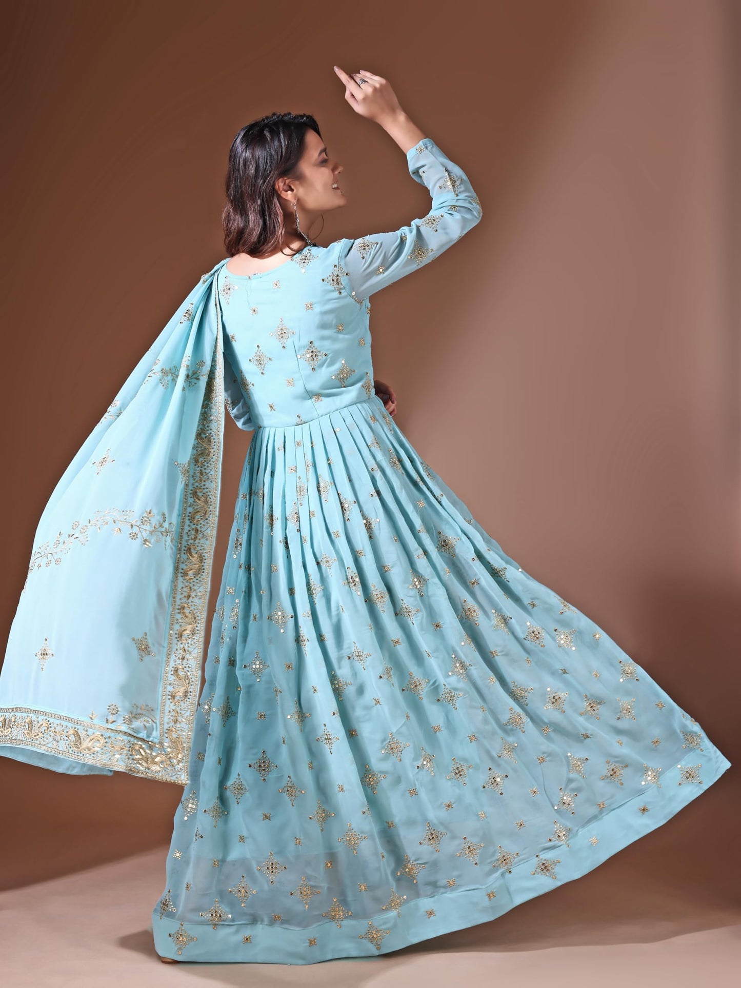 Fashion Basket Georgette Sequins Long Dress for Women (in, Alpha, 2XL, Regular, SKU Blue)