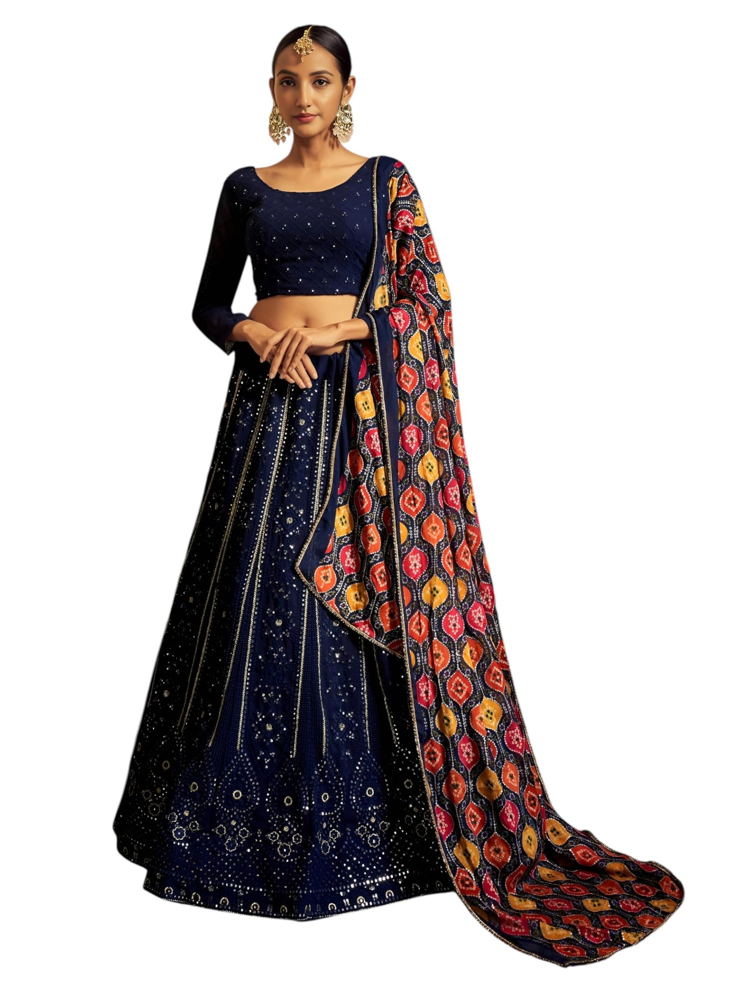 Zeel Clothing Women's Sequins Thread Embroidered Georgette Lehenga Choli With Dupatta (6005-Navy-Blue-Women-Lehenga-Choli-New; Free Size)(Navy-Blue)