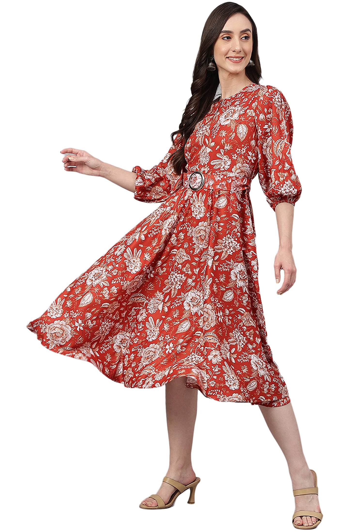 Janasya Women's Rust Crepe Digital Print Flared Western Dress(JNE4073-DR-M)