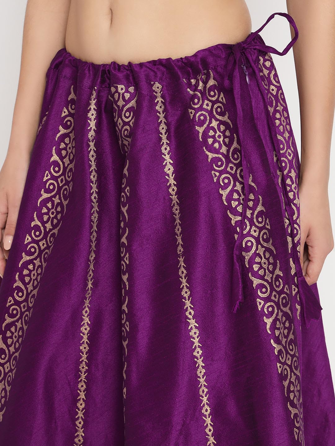 studio rasa Women's Dupion Hand Block Printed Embellished Bias Freesize Skirt for Festive Party Wedding (SKTC52301_Purple)