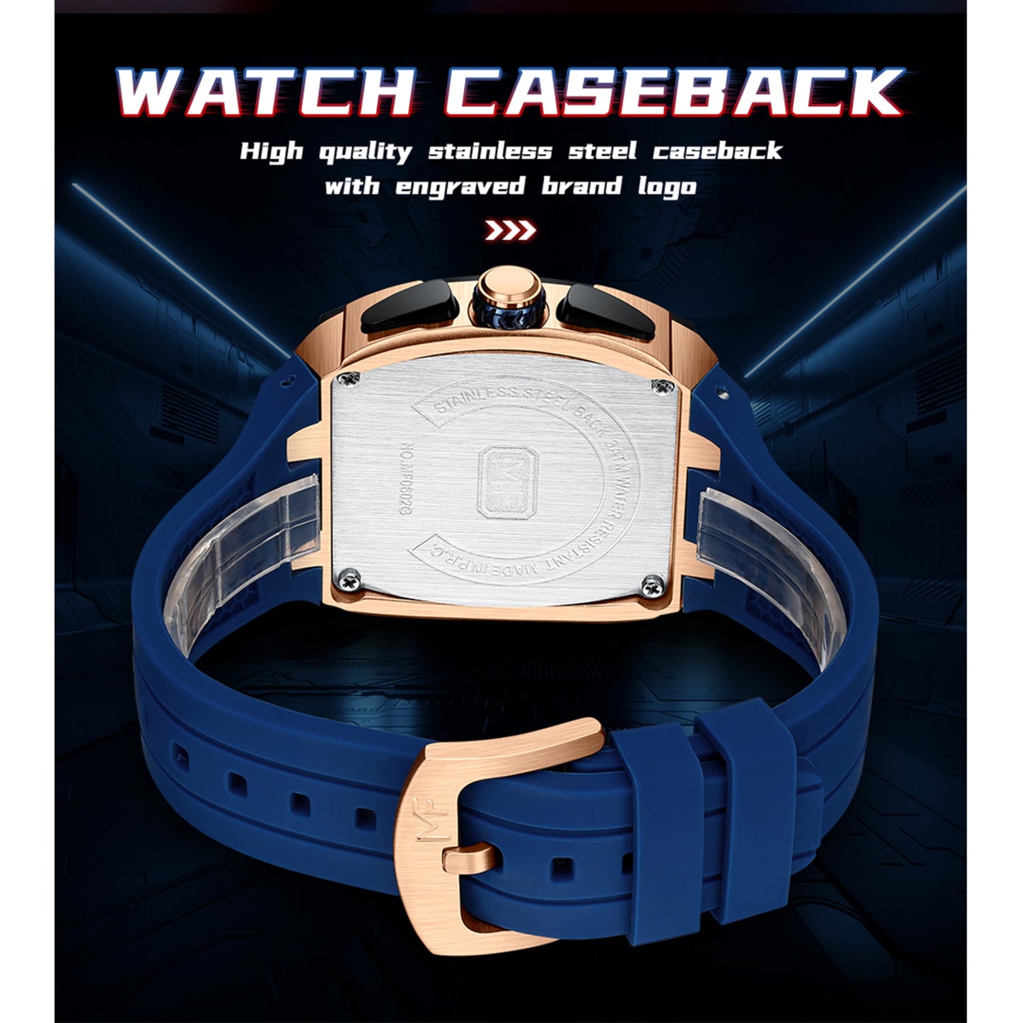 MF MINI FOCUS Men's Quartz Watch Wine Barrel Outdoor Style Curved Mirror Multi-Layer Hollow Men's Watch 0602G, Blue, Modern