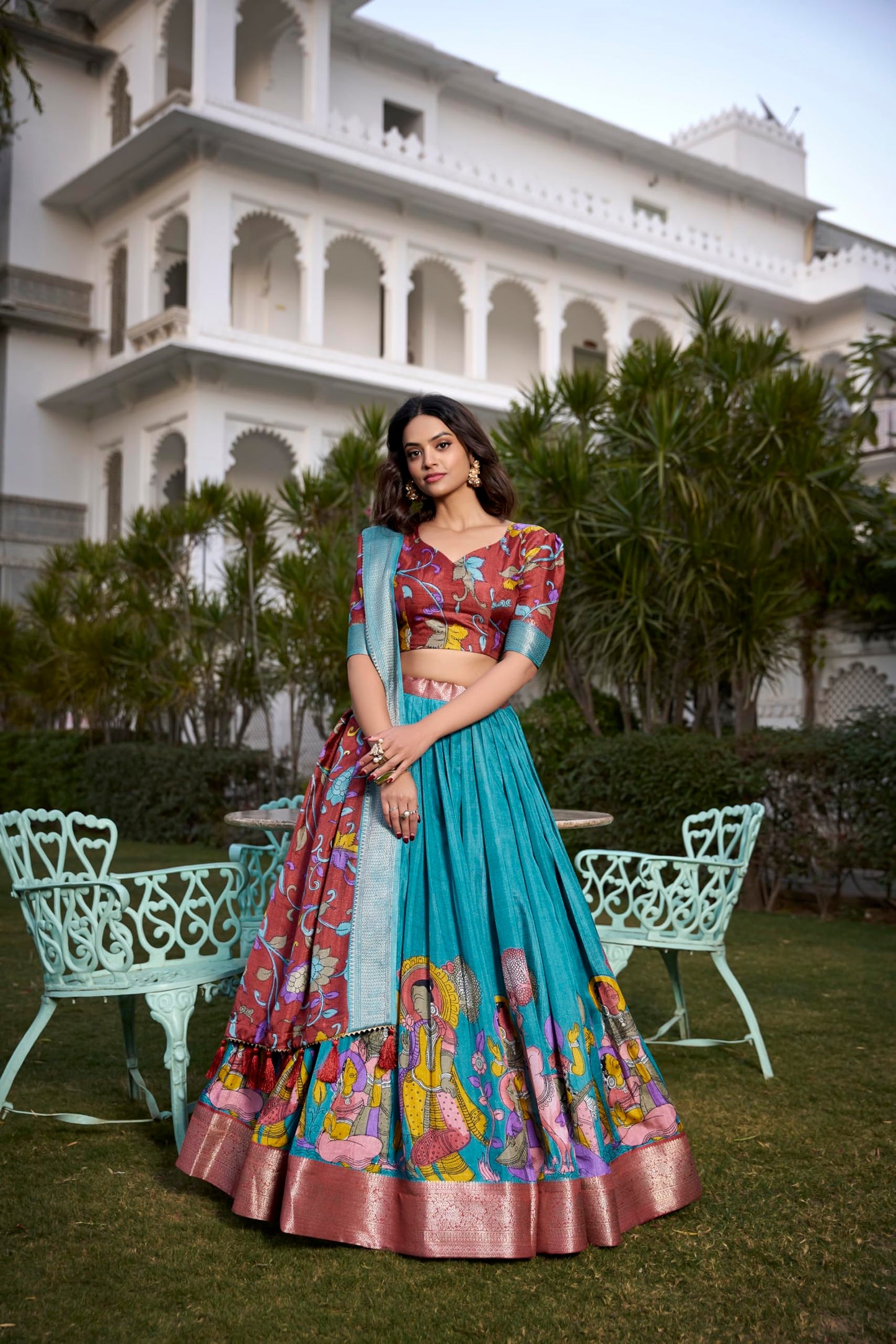 Snazzy Stitch Women's Floral Print With Foil Work Tussar Silk Lehenga Chholi Set (FIROZI)