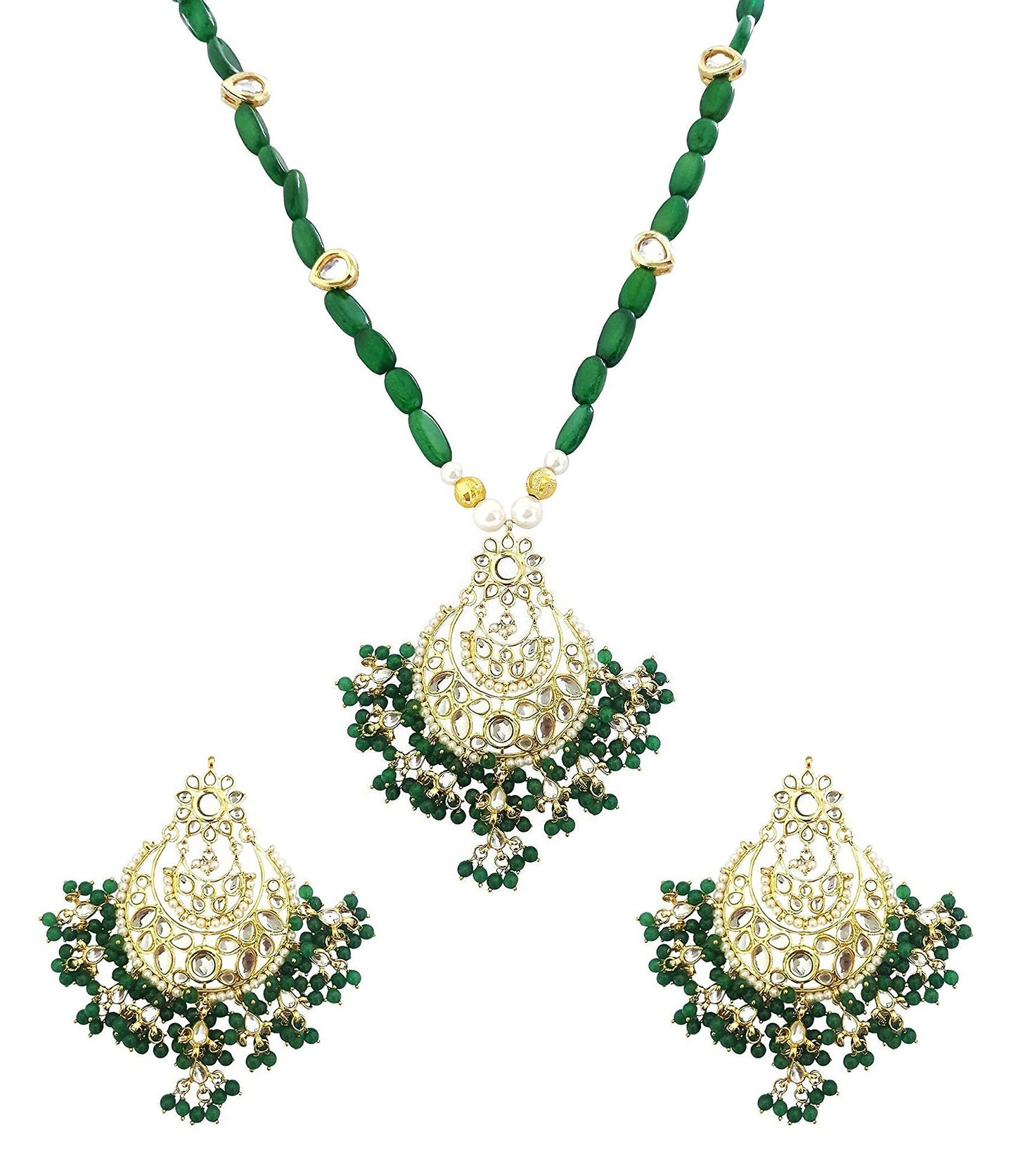 Mehrunnisa Gold Tone Kundan & Green Pearls Pendant Necklace Earrings Set With Simulated Emeralds & Free Kan Chain For Women (JWL1761)