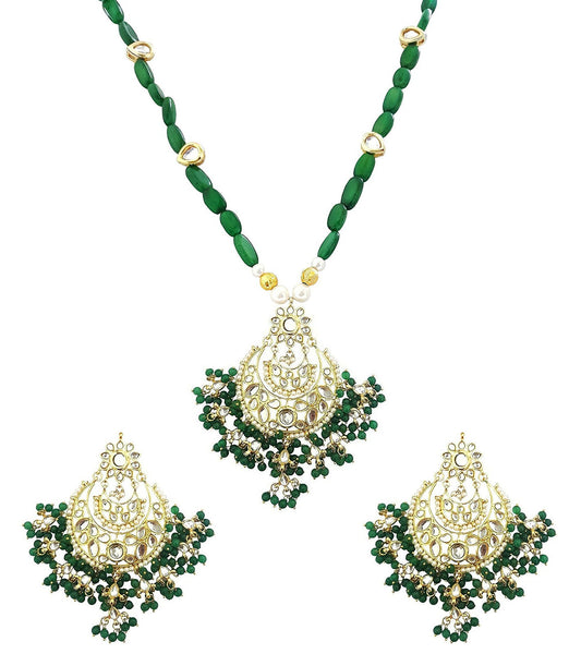 Mehrunnisa Gold Tone Kundan & Green Pearls Pendant Necklace Earrings Set With Simulated Emeralds & Free Kan Chain For Women (JWL1761)