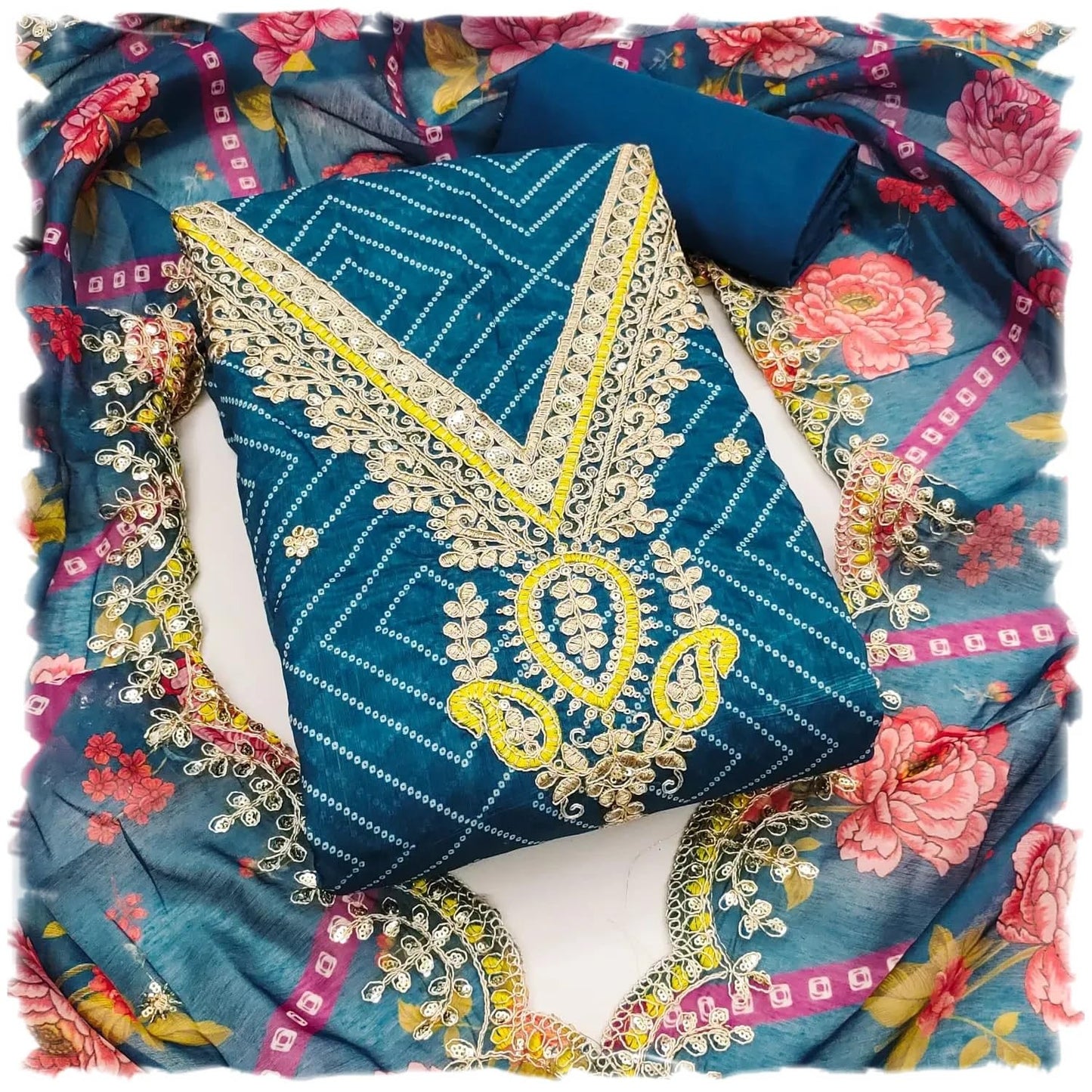 Leeli Peeri Designer Women's Chanderi Bandhani Print With Coding Work Unstitched Dress Material