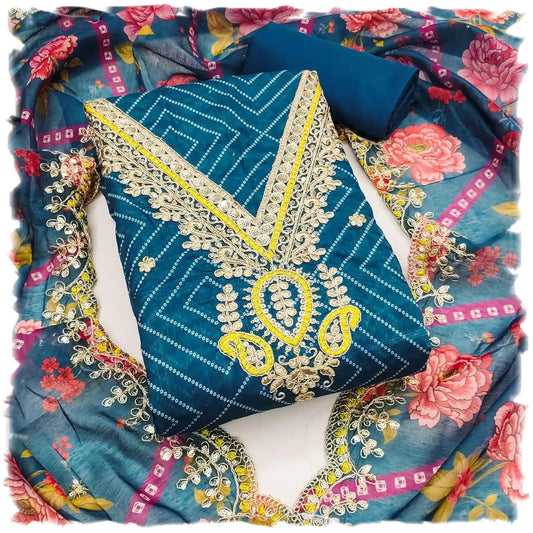 Leeli Peeri Designer Women's Chanderi Bandhani Print With Coding Work Unstitched Dress Material