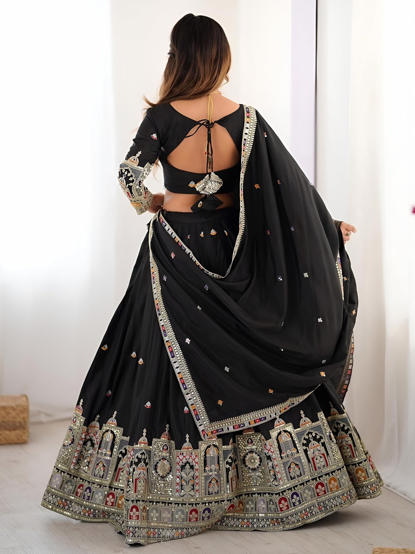 Zeel Clothing Women's Sequins Thread Embroidered French Crepe Lehenga Choli With Dupatta (5118-Black-Women-Lehenga-Choli-Latest; Free size) (Black)