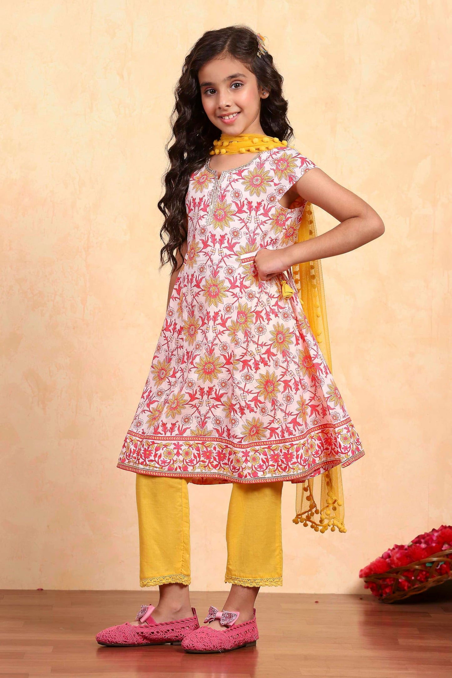 Biba Girl's White Cotton Flared Printed Suit Set