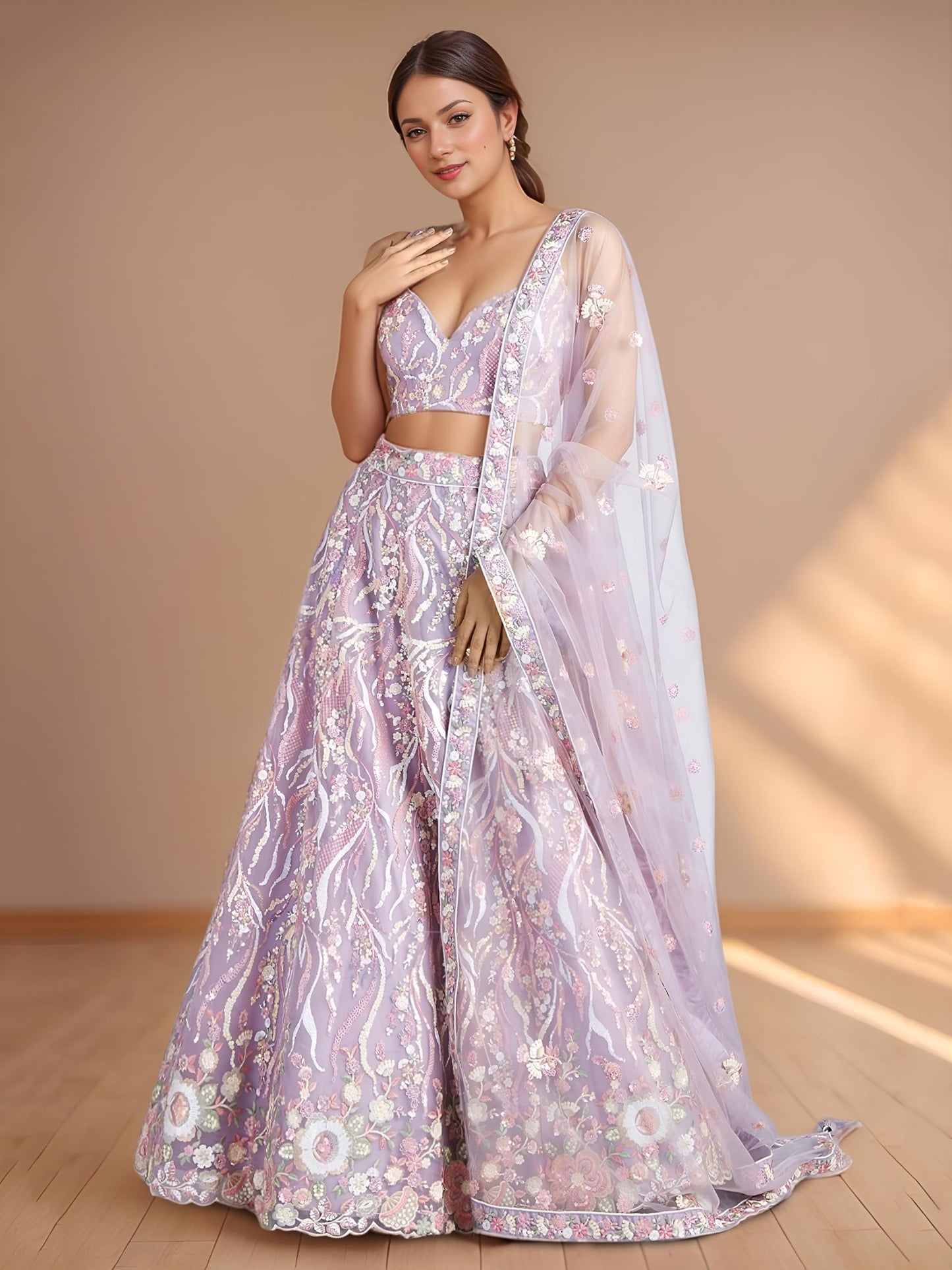 Zeel Clothing Women's Sequins Embroidered Work Soft Net Designer Lehenga Choli With Dupatta (6033-Lavender-Wedding-Lehenga-Choli; Free Size)