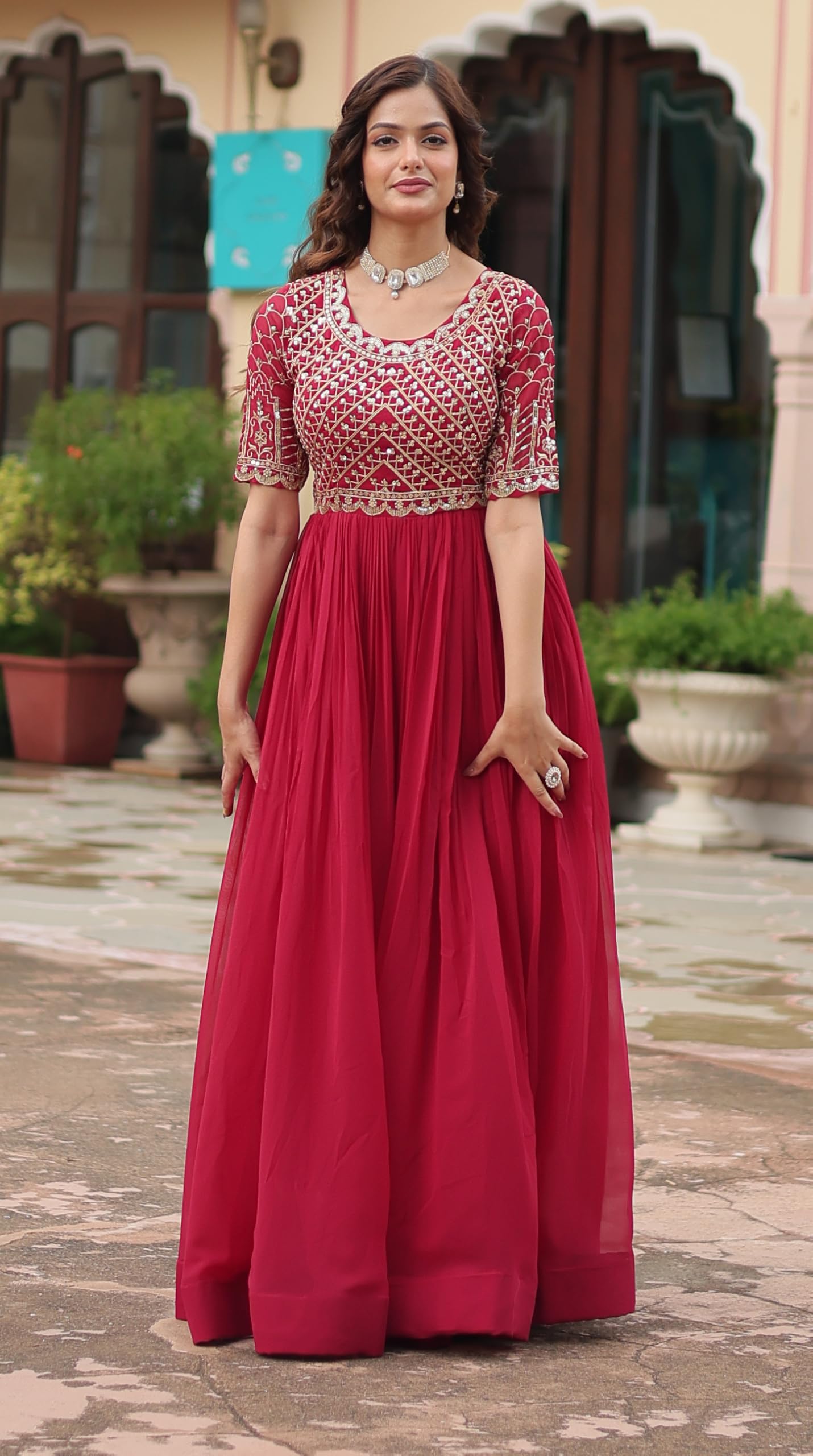 Fashion Basket Georgette Embroidered Anarkali Gown for Women Pink