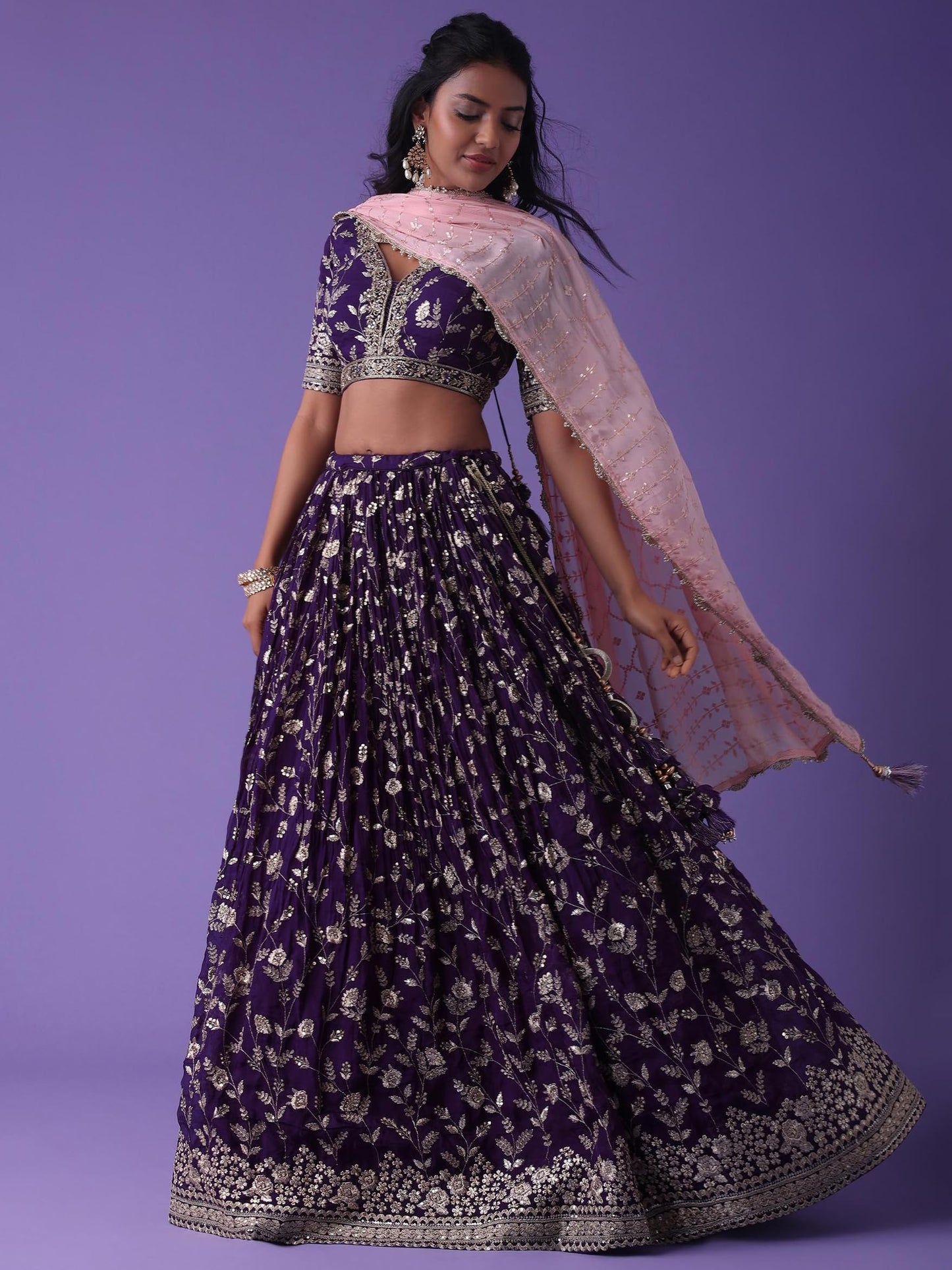 Zeel Clothing Women's Sequins Zari Dori Embroidered Georgette Semi-Stitched Lehenga Choli With Dupatta (5099-Purple-Womens-Lehenga-Choli-Latest, Free Size)