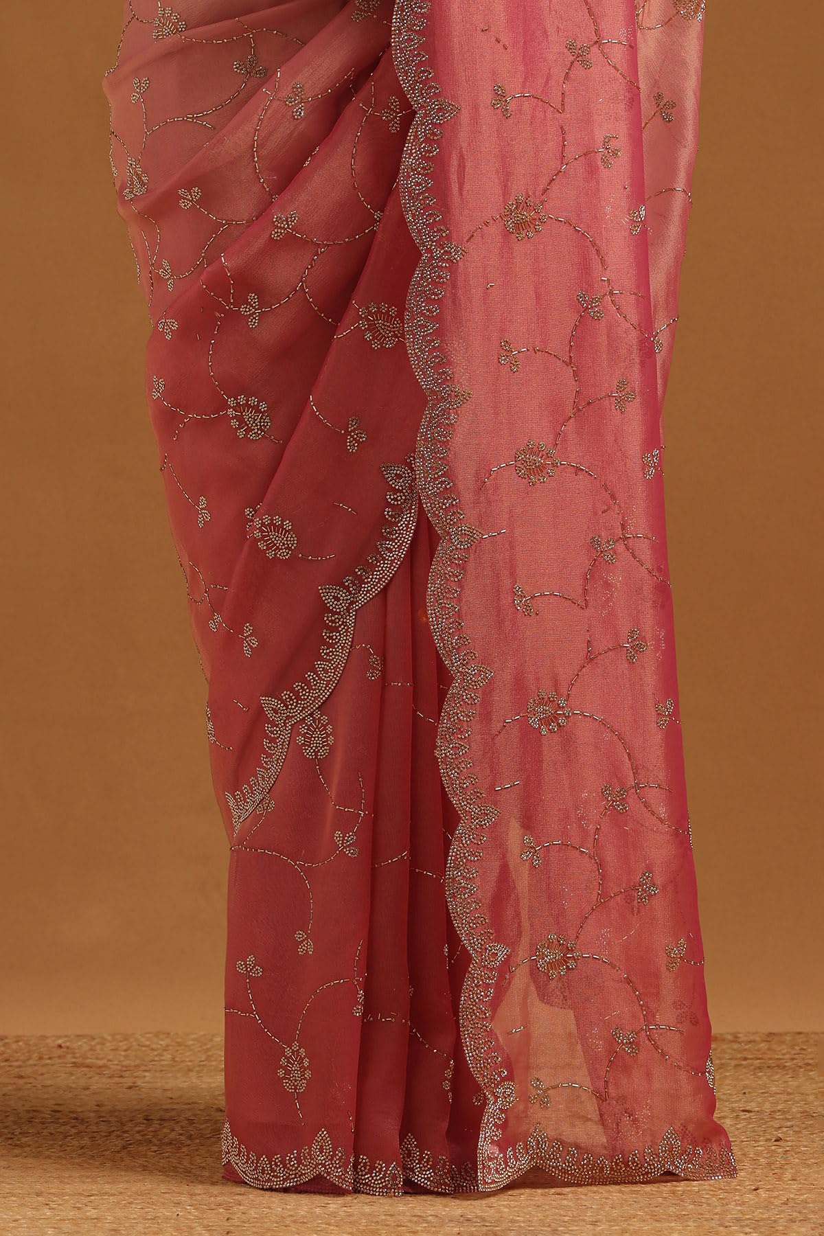 Soch Womens Onion Pink Fendy Organza Embellished Saree With Stone Work