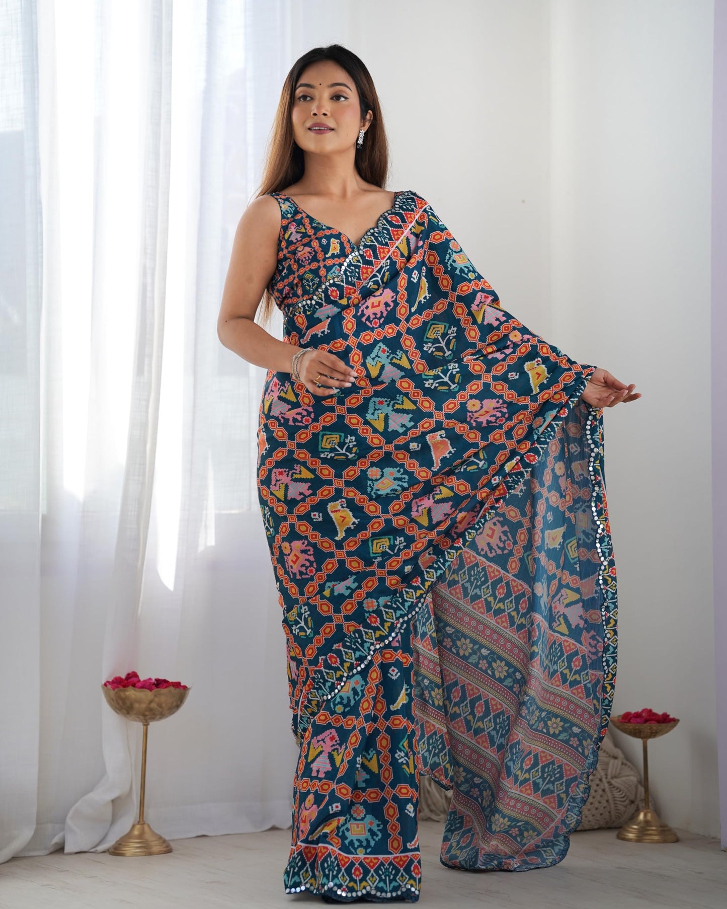 Ethnex Heavy Chinon Kutchi Work Mirror Lace Border Printed Saree With Unstitched Matching Blouse Piece (Dark Blue)