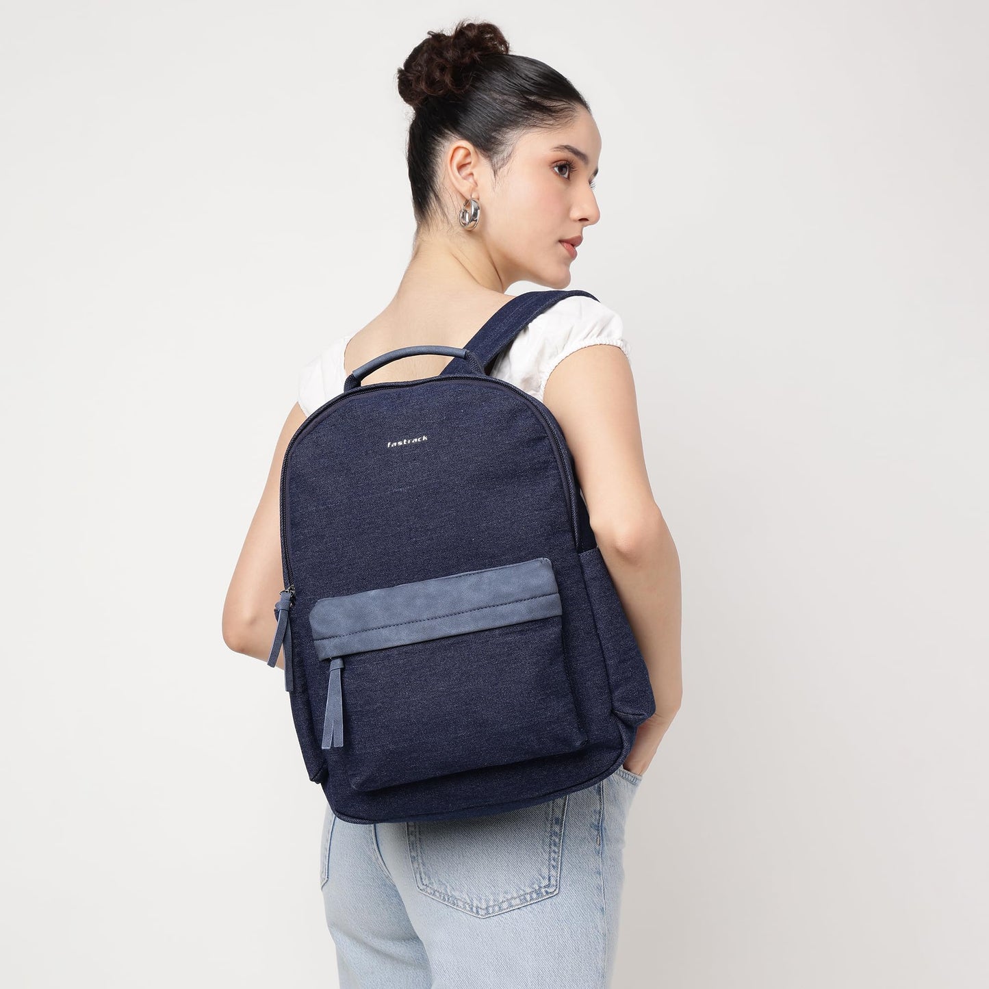 Fastrack True Denim backpack | 14-Inch Laptop Compatible | Sturdy Build | Dual Bottle Holders | Organizer Pocket | Zipper Closure | Natural Indigo Denim (Color May Transfer) | 6-Month Warranty