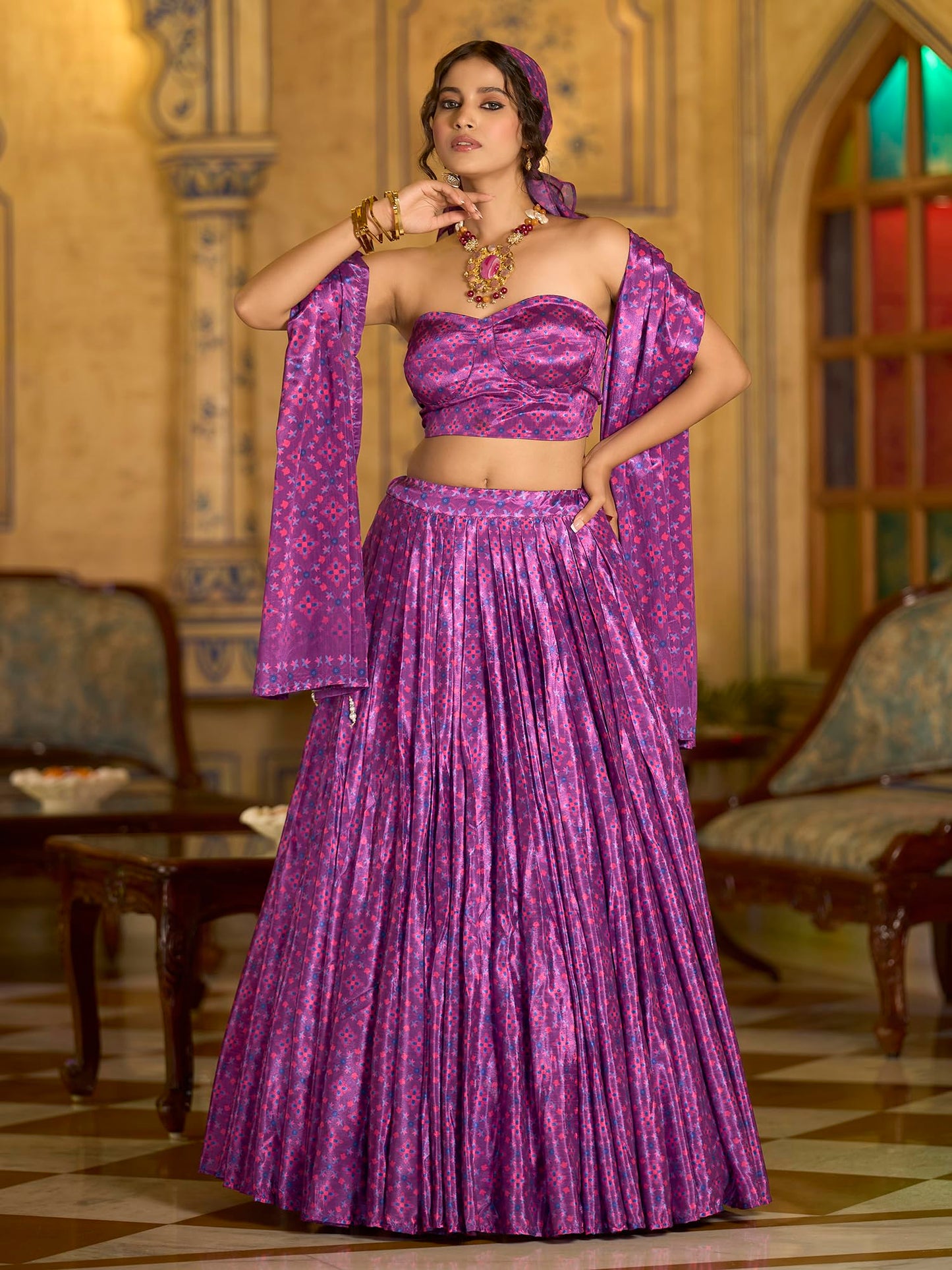 PURVAJA Women's Chinon/Art Silk Semi-Stitched Lehenga choli (Hiya-Lilac_Free Size)