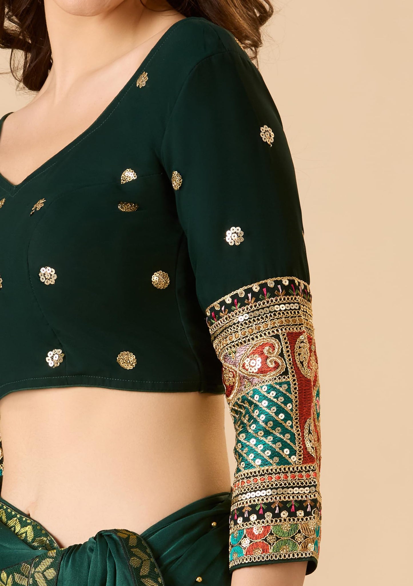 S SALWAR STUDIO Bottle Green Georgette Sweetheart Neck Full Sleeve Readymade Blouse