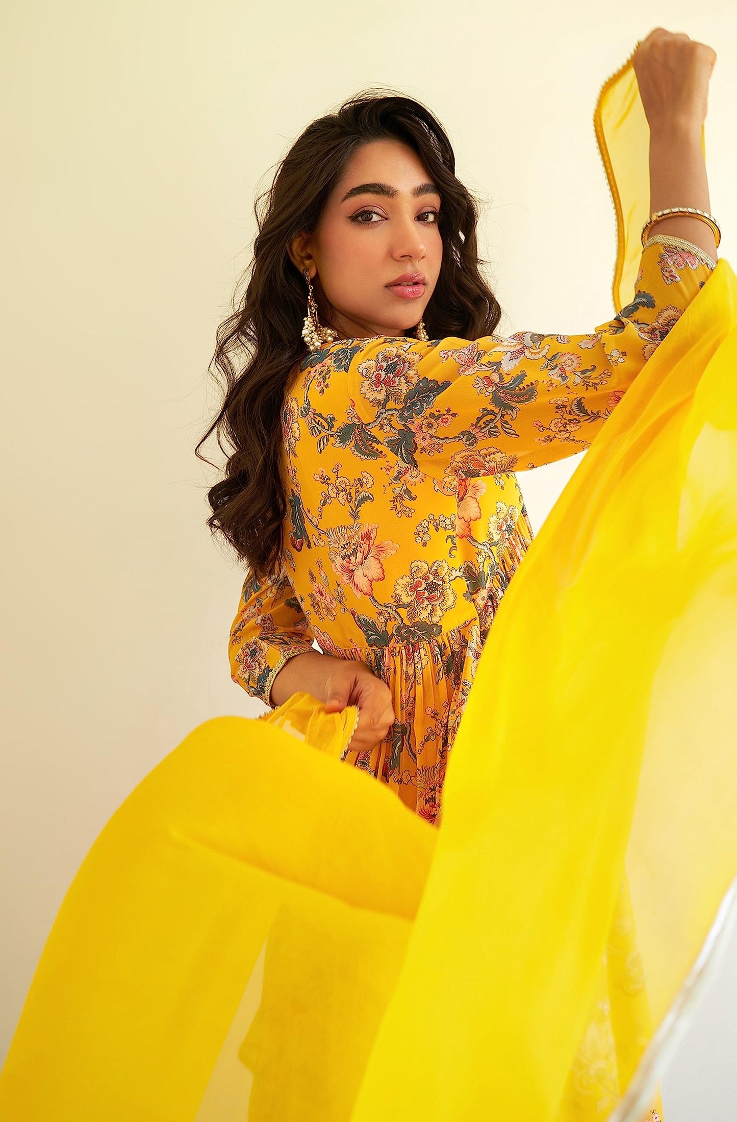 Janasya Women's Yellow Georgette Digital Floral Printed Kurta with Sharara and Dupatta(SET754-KR-SHA-R-XL)