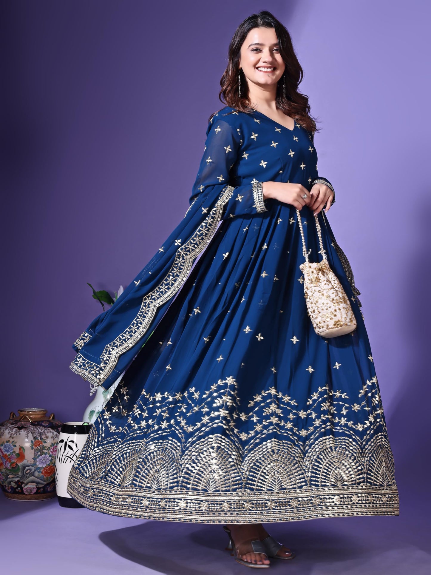 Fashion Basket Faux Georgette Sequins Anarkali Dress for Women (in, Alpha, 2XL, Regular, Turquoise)