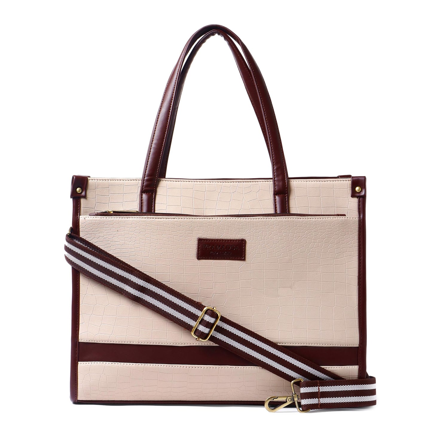 Pramadaa Pure Luxury Classic Madona Work Tote bags for women office use | hand bags for women's stylish | bags for women latest | Laptop Office Shoulder Handbag. (Walnut Beige)