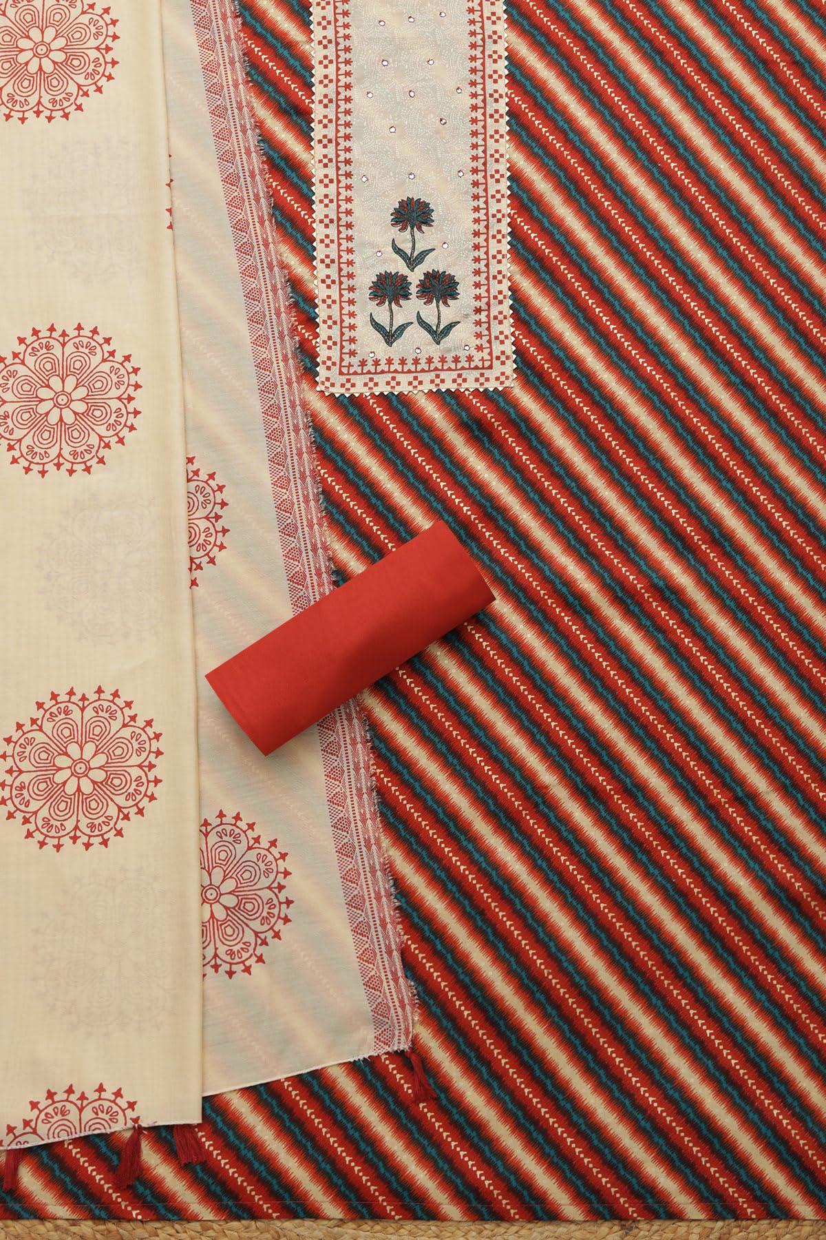 Soch Womens Rust Jam Cotton Striped Unstitch Dress Material With Thread Work