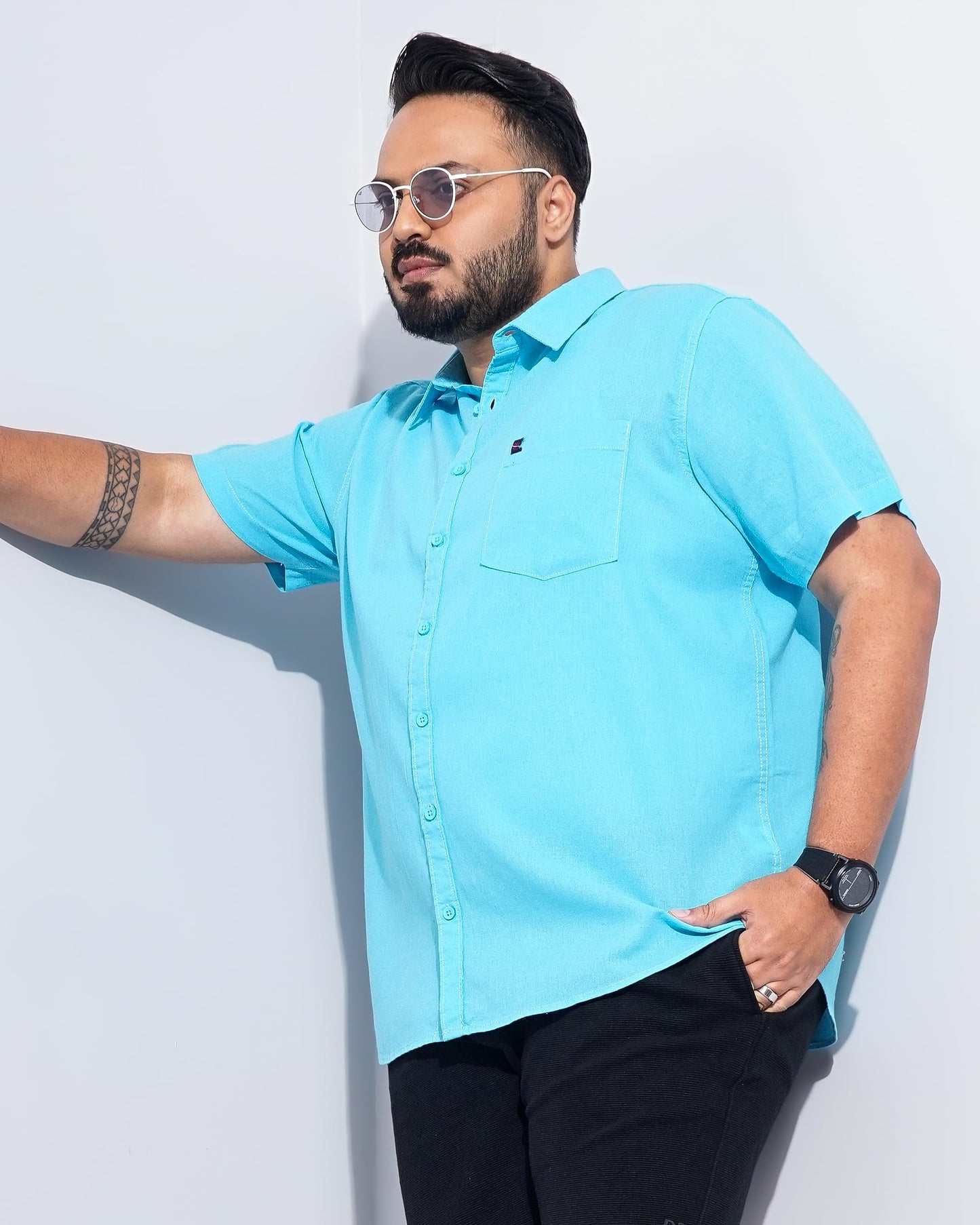 Hardsoda Men Plus Size Turquoise Solid Casual Shirt