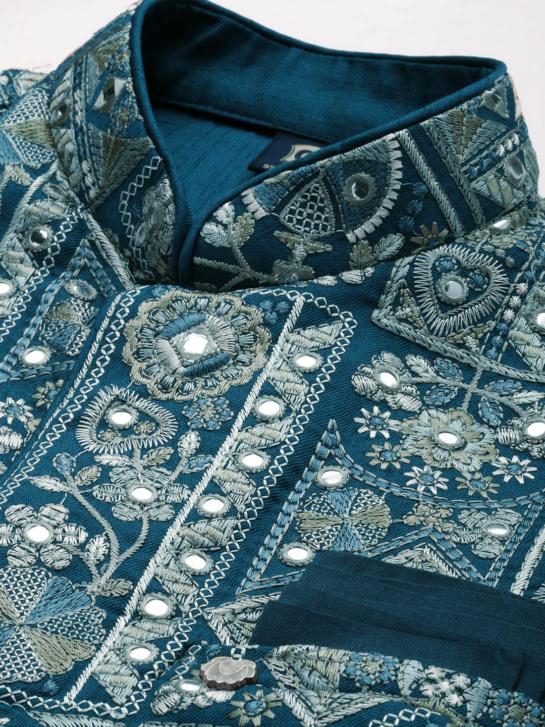 Manyavar Kurta Jacket Set for Men, Full Sleeves Mandarin Collar Ethnic Wear Jacket Set for Festival, Wedding, Party Blended Viscose (Blue, XL)