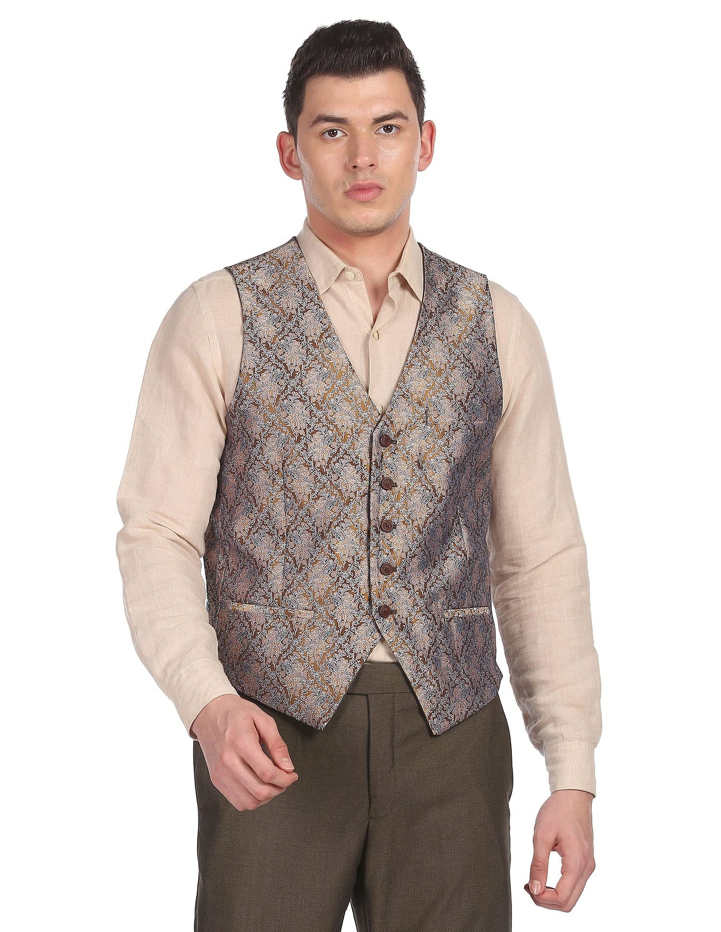 Arrow Polyester Men Brown Tailored Regular Fit Three Piece Suit Business Pants Set (ARADSU5556 44)