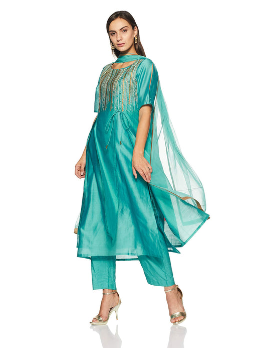 Satya Paul Women's Art Silk Salwar Suit Set (GT1161000_Aqua/Sea Green_Large_Aqua/Sea Green_L)