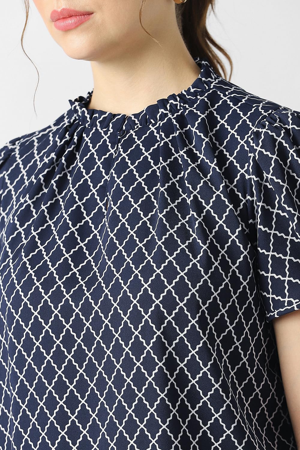 Women Navy Print Formal Round Neck Top