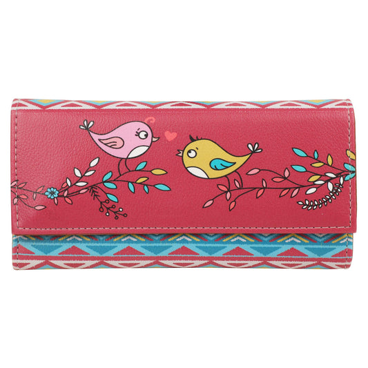ShopMantra Wallet for Woman | Multicolor Red Bird Design | Faux Leather Printed Long Clutch | Stylish & Cute Trifold Clutch with Card Slots & Coin Pocket