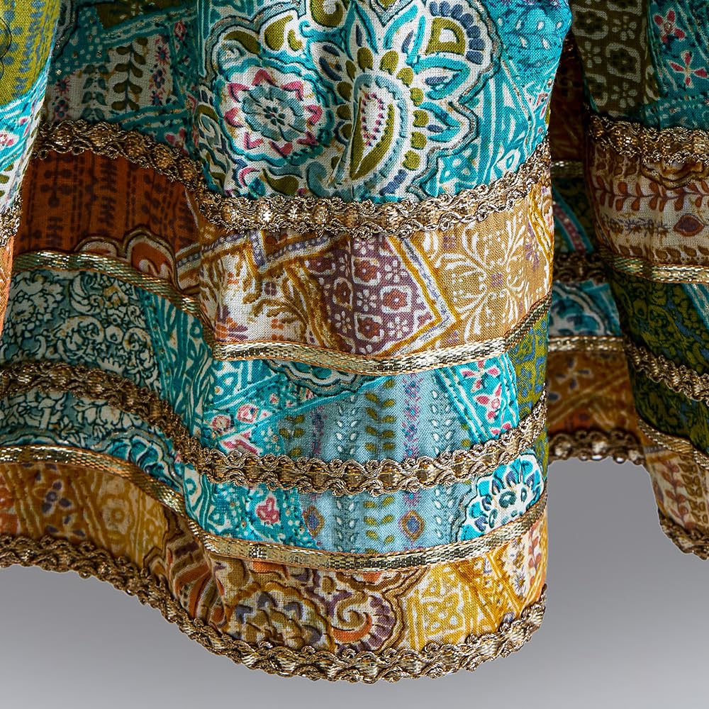 Hopscotch Girls Sleeveless Blue 2-Pc Lace Embellished Cotton Lehenga Choli Set For Ages (9-10 Years)