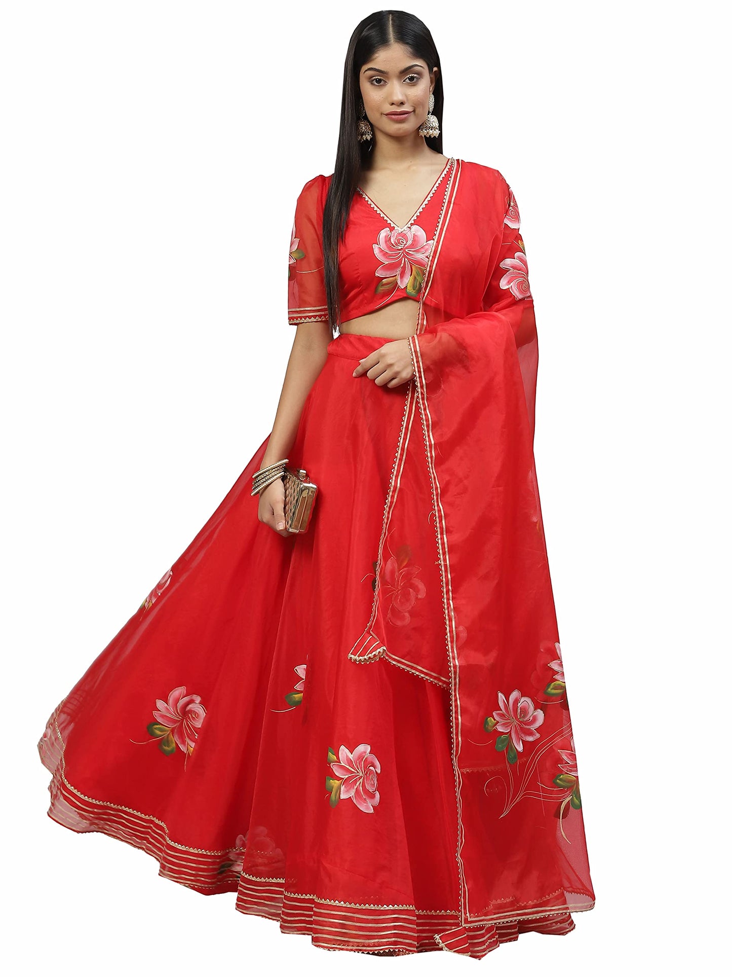 Divena Red Hand Painted Organza Flared Lehenga Choli Set with Organza Dupatta