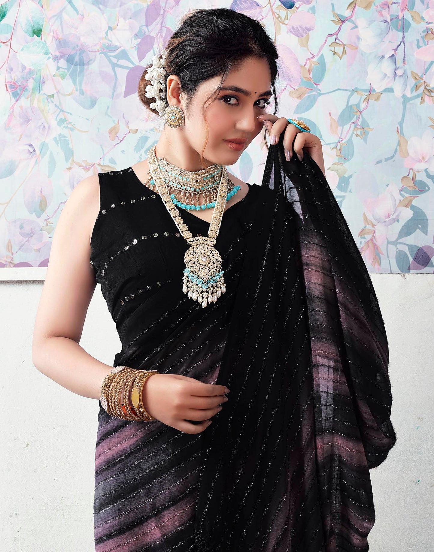 SIRIL Women's Georgette Printed Zari Stripe Saree With Unstitched Blouse Piece (3498S726_Black)