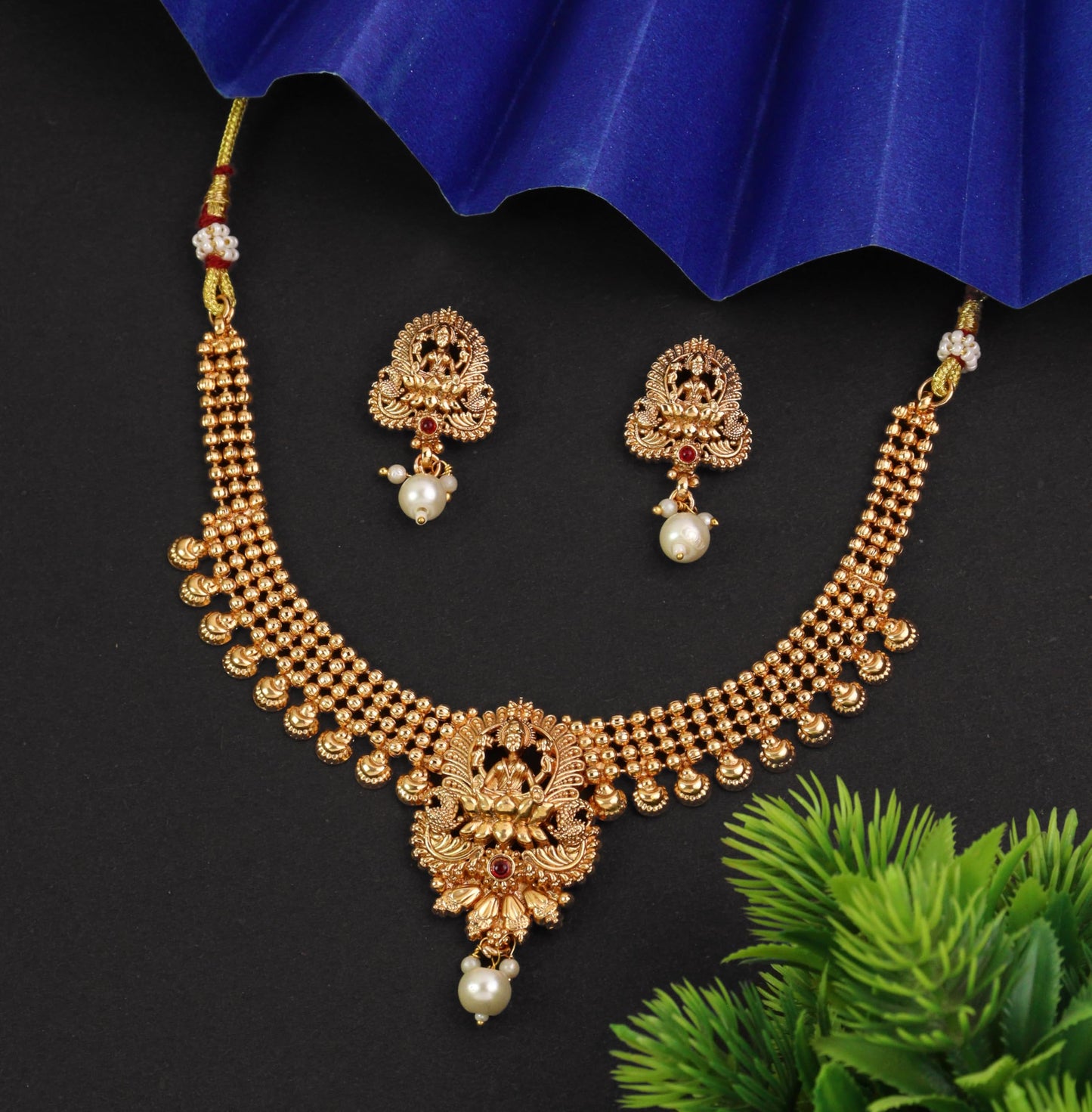 CUTE GOLD Antique Oxidised Plating Necklace With Earring For Women and Girls | Antique Temple Necklace Set for Women & Girls (AN-358)