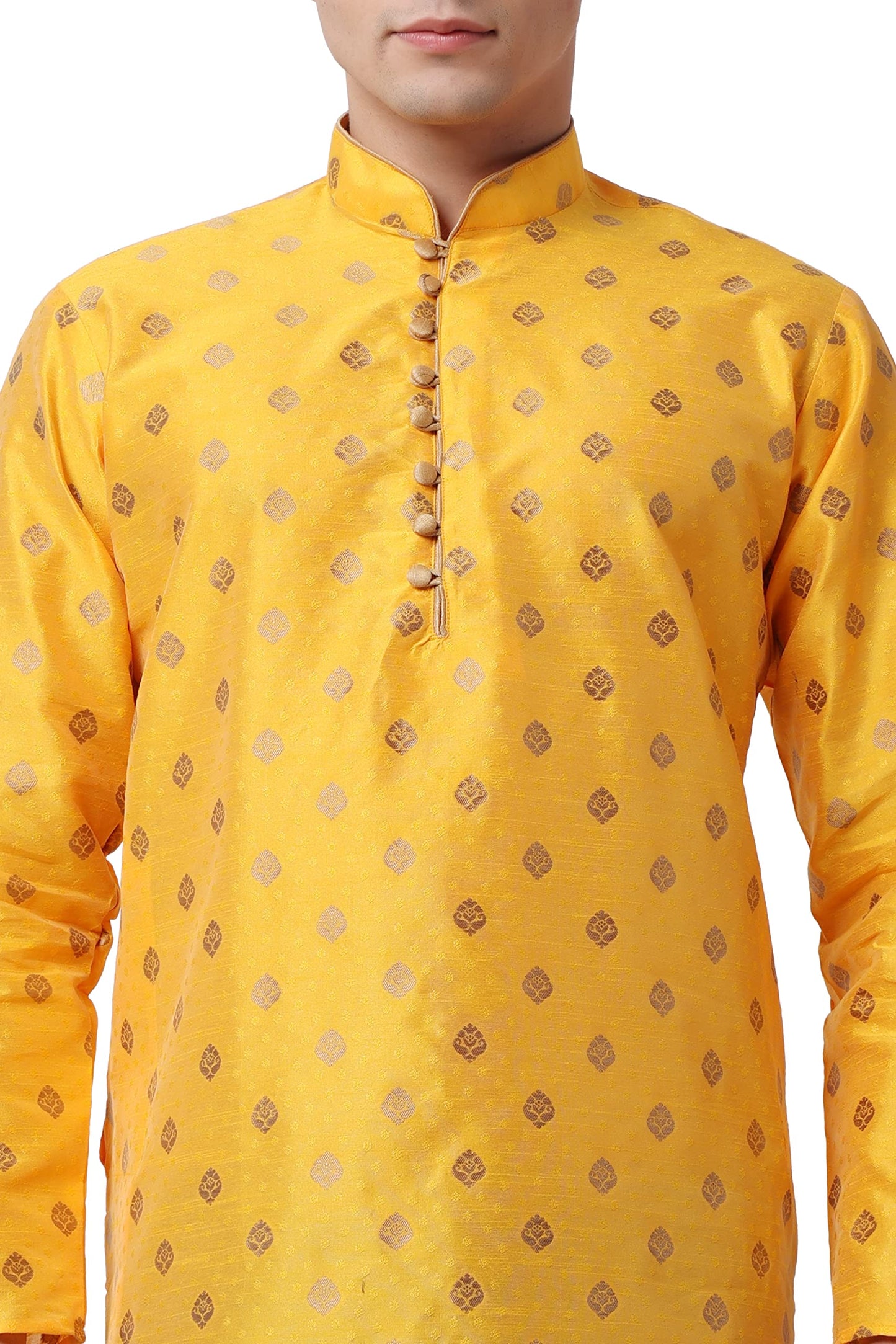 Royal Kurta Mens Cotton Silk Ethnic Loop Button Ganesh Print Kurta (42, Mustard)
