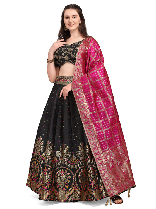 PURVAJA Women's Jacquard Semi-Stitched Lehenga choli (Arambh-Black_Black_Free Size)