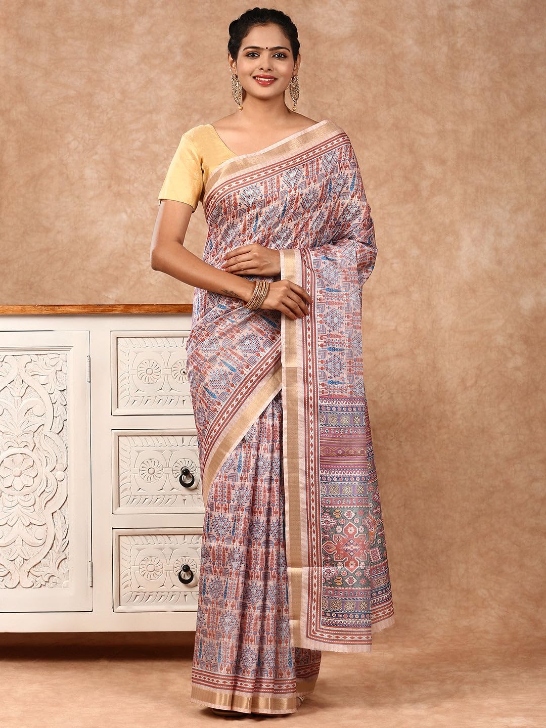 RAMRAJ Women Semi Silk Print Saree Peach(Peach;OS)