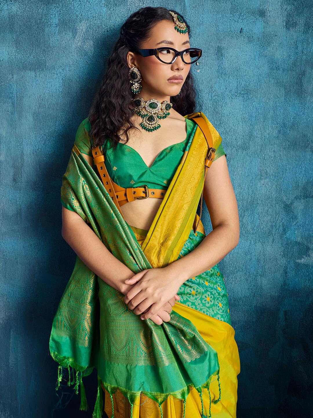 AKHILAM Women's Lemon Yellow Pure Silk Ethnic Motif Print Tassels and Latkans Saree With Unstitched Blouse Piece | saree for woman | Designer Saree for Women