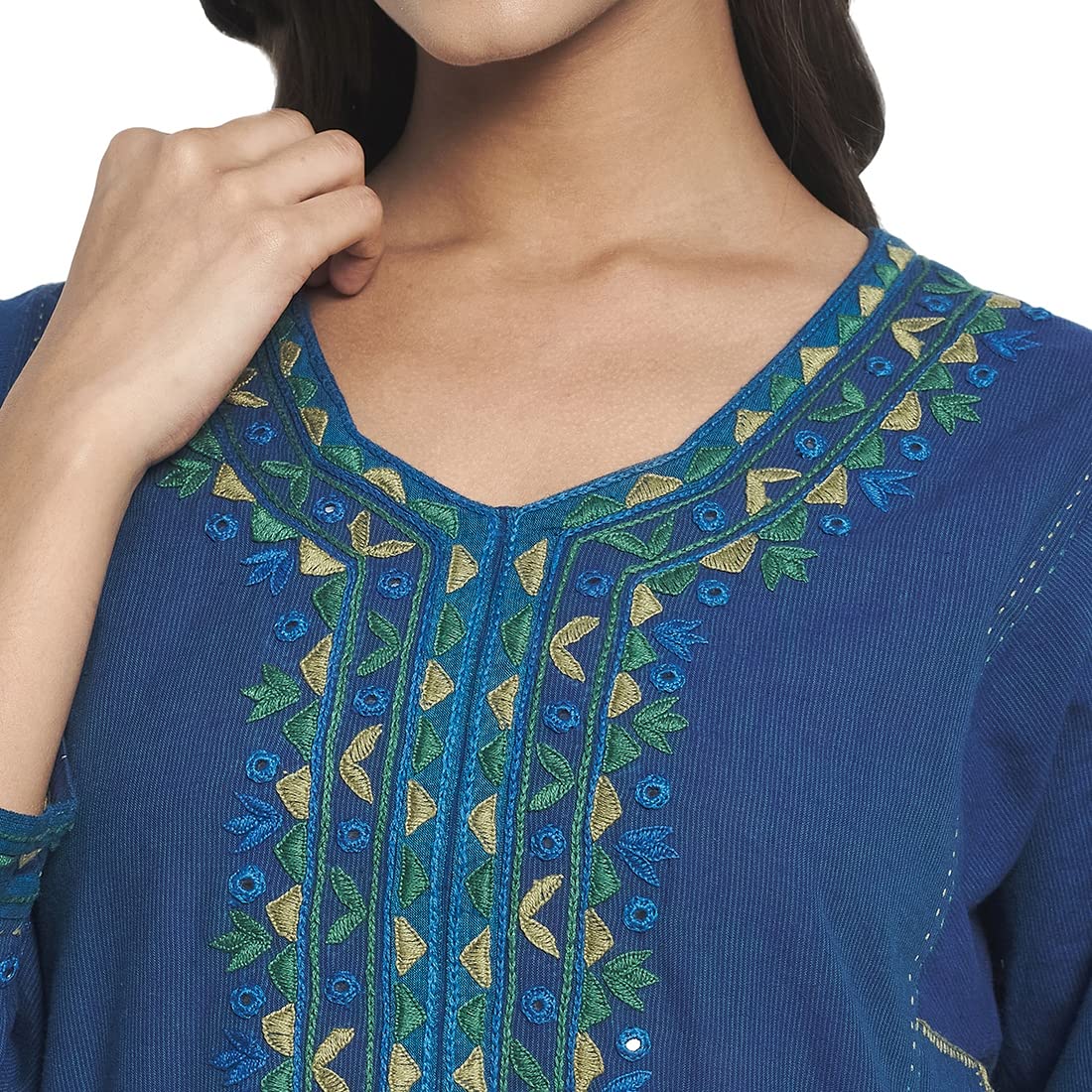 Fabindia Women Cotton Embroidered Long Kurta Blue_S
