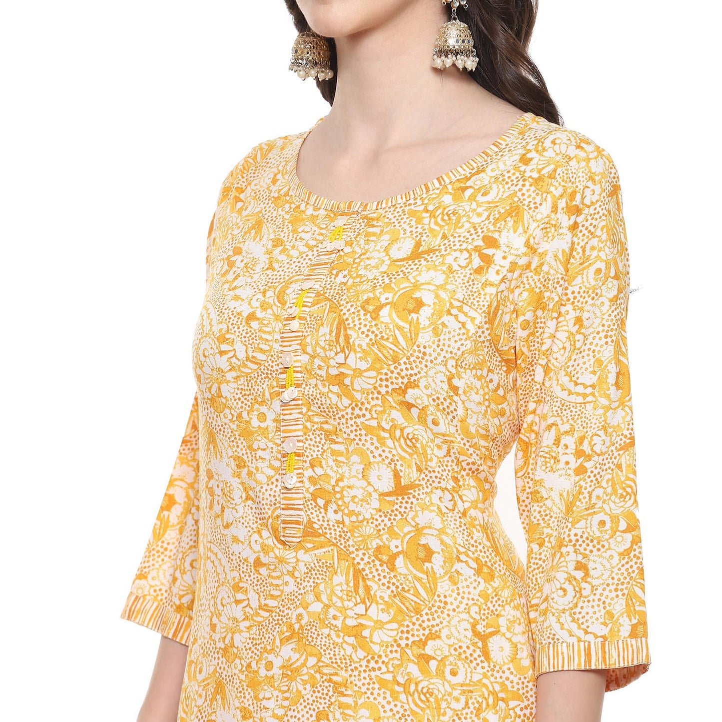 BIBA Women's Rayon Printed Straight Kurta Salwar Kurta Dupatta (Skd9677_Yellow_34)