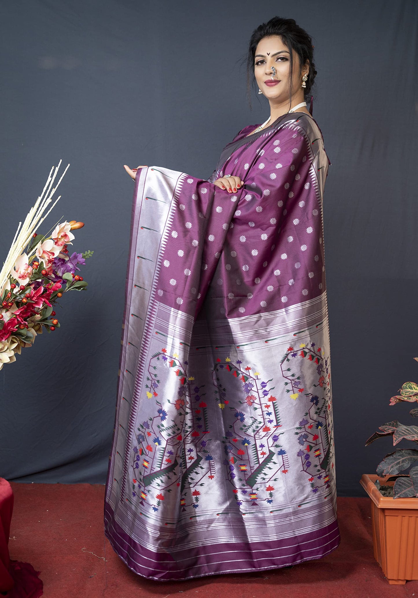 AMIRAT Women's Litchi Silk Paithani Saree and Unstitched Blouse Piece | Saree Blouse for Women | Wine