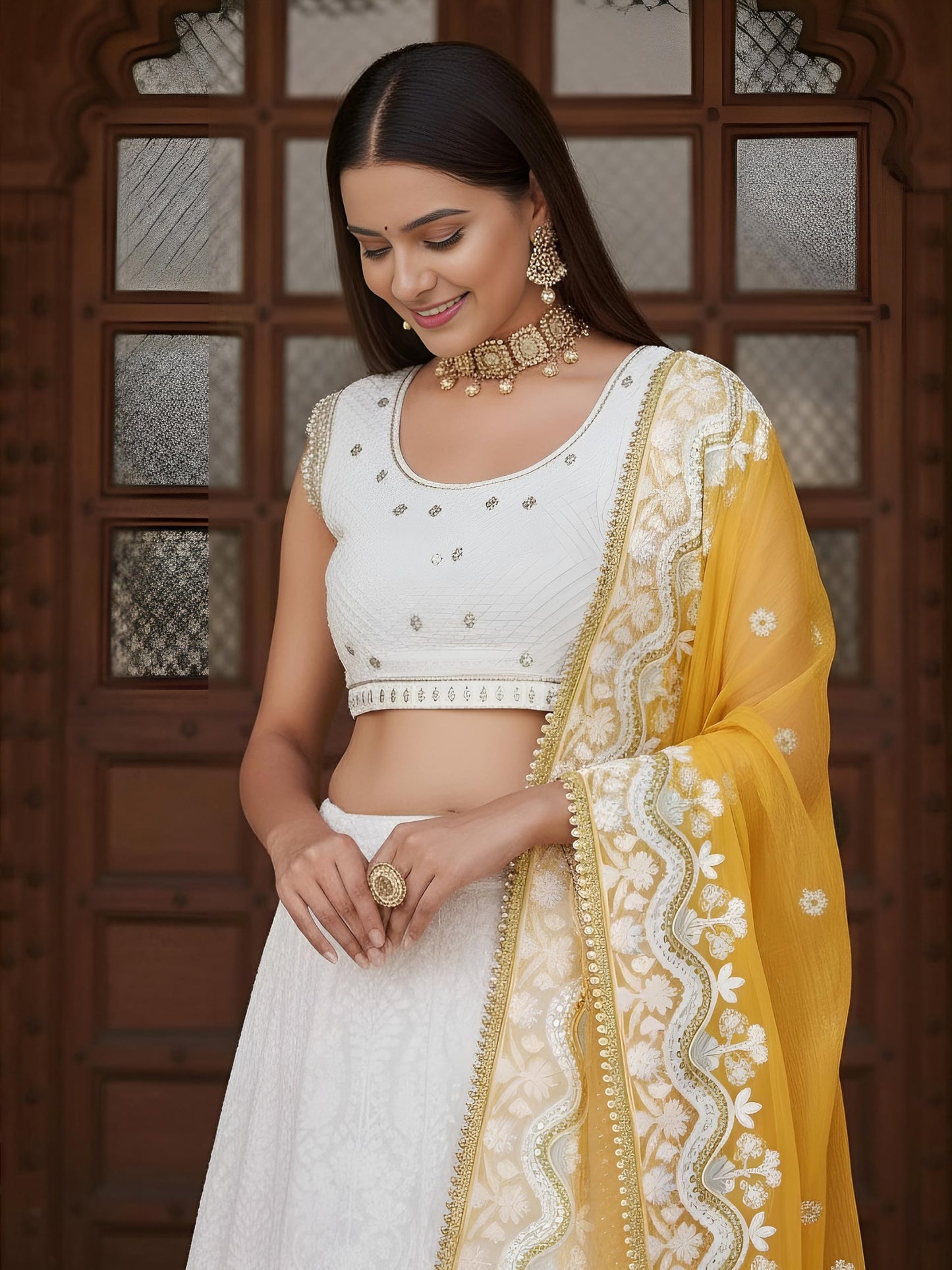 Zeel Clothing Women's Sequins Thread Embroidered Work Georgette Semi-Stitched Lehenga Choli With Dupatta (6018-White-Wedding-Lehenga-Choli, Free size) (White)