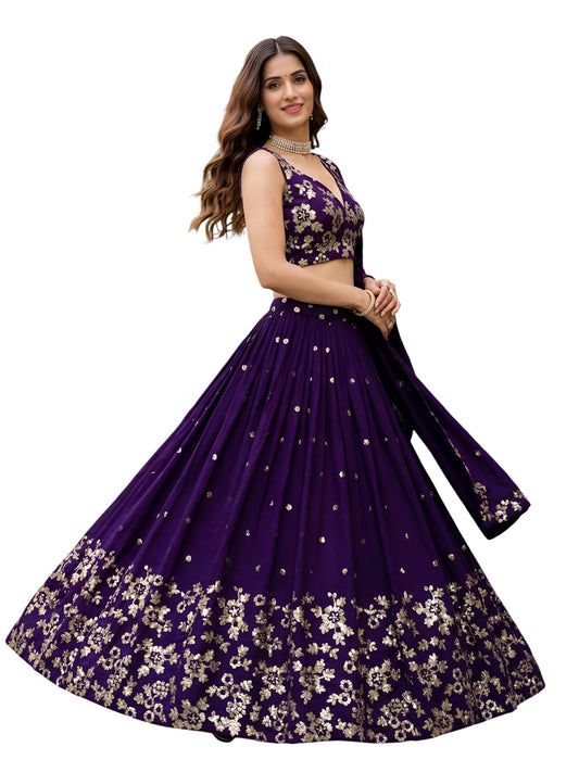 Zeel Clothing Women's Sequins and Thread Embroidered Work Georgette Lehenga Choli With Dupatta (6015-Purple-Women-Lehenga-Choli-Latest; Free size)